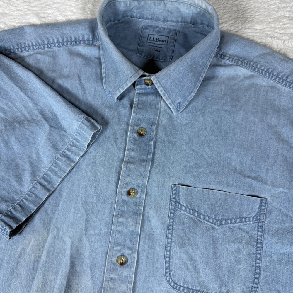 L.L. Bean Chambray Button Up Mens L Tall Blue s/s Cotton Pocket 248934 W196771